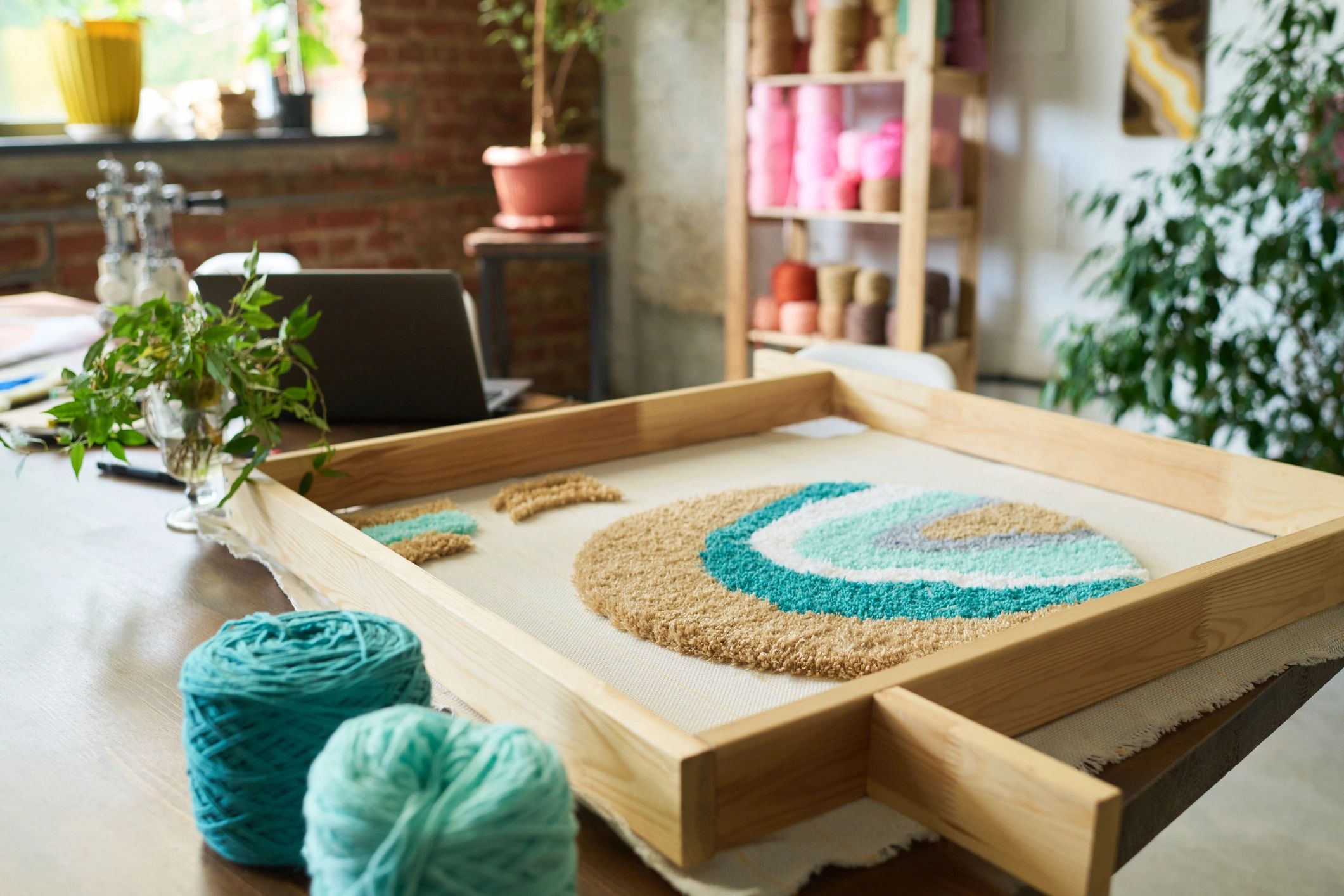 Tufting workspace with yarn and rug frame in a modern workshop setting